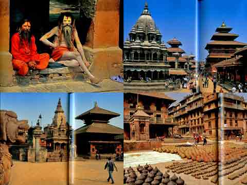 
UL Sadhus at Pashupatinath, Kathmandu. UR Patan Durbar Square. LL Bhaktapur Durbar Square. LR Bhaktapur Potter's Squareh - I Cembali del Makalu book
